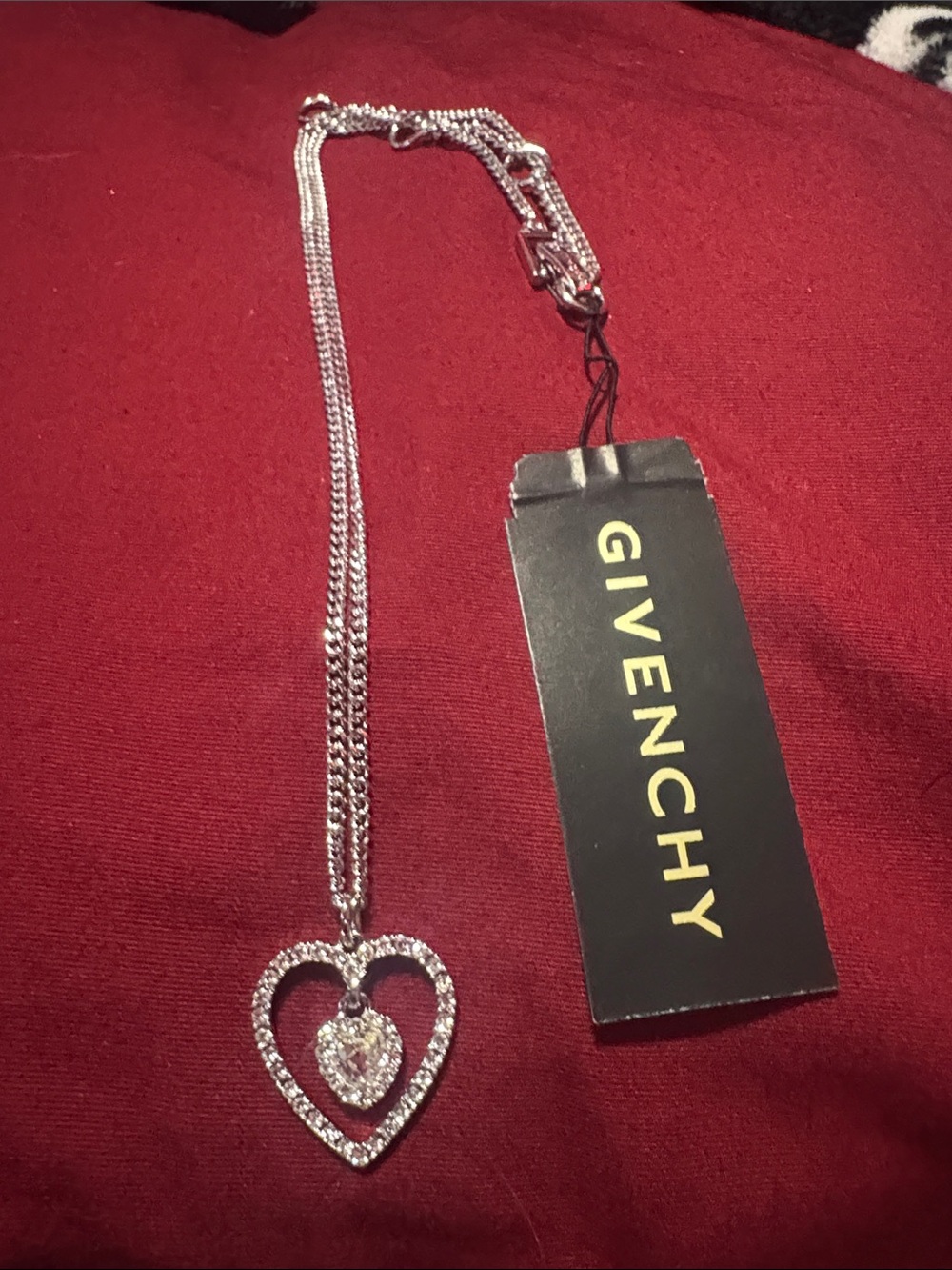 Givenchy Silver Heart Crystal Double-Chain Necklace